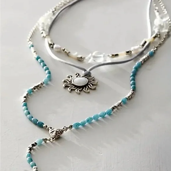 Free People One With The Sun Blue Layered Necklace Sunburst Pendant Beaded Chain - Picture 2 of 13